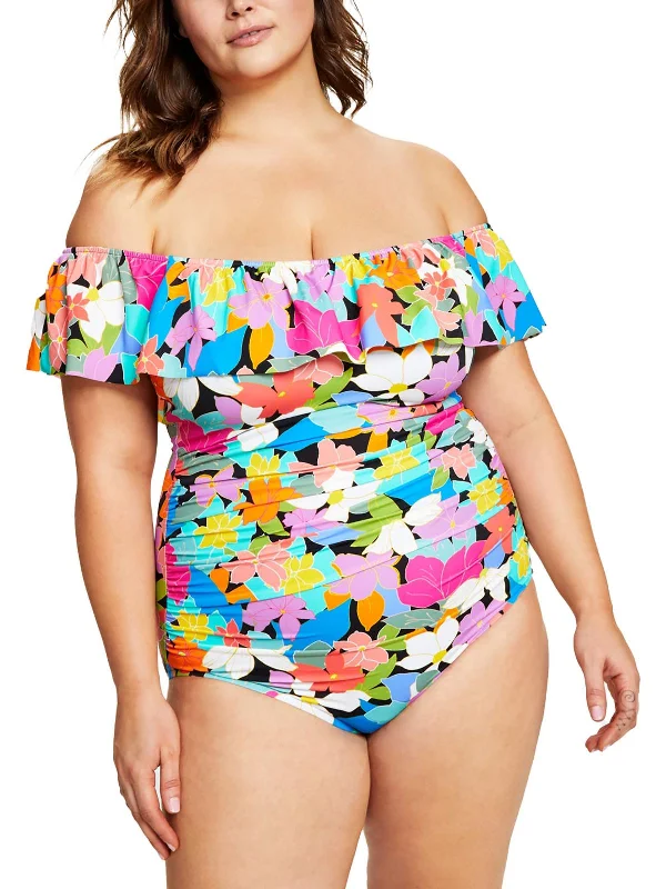 Womens Off-The-Shoulder Floral Print One-Piece Swimsuit