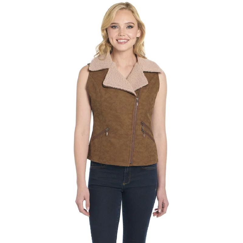 Cripple Creek Womens Distressed Aviator Zip Havana Brown PVC Faux Leather Vest